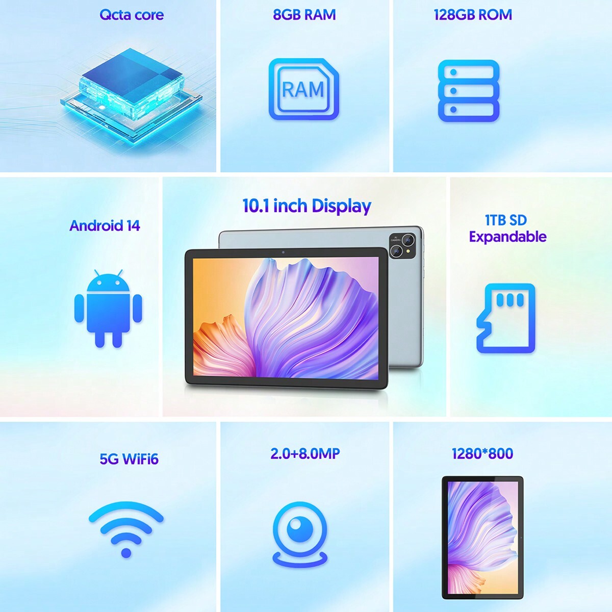 10.1" Android 14 2-in-1 Tablet - 8GB/128GB/1TB, Octa-Core, 8000mAh, 5G WiFi 6