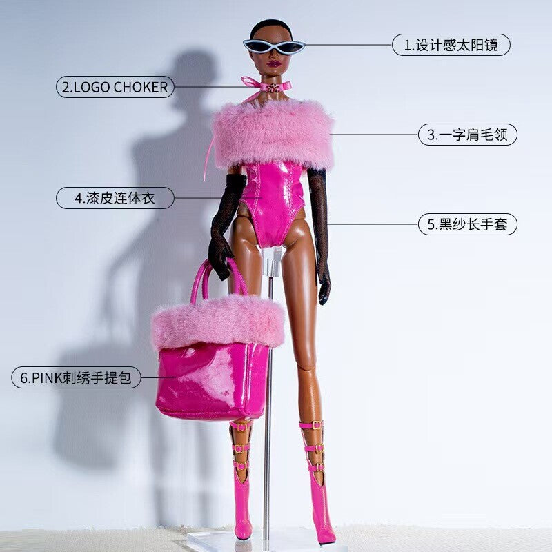 Leather Hot Pink 1/6 Doll Clothes Outfits Set Evening Dress Gown Coat Gloves 1:6