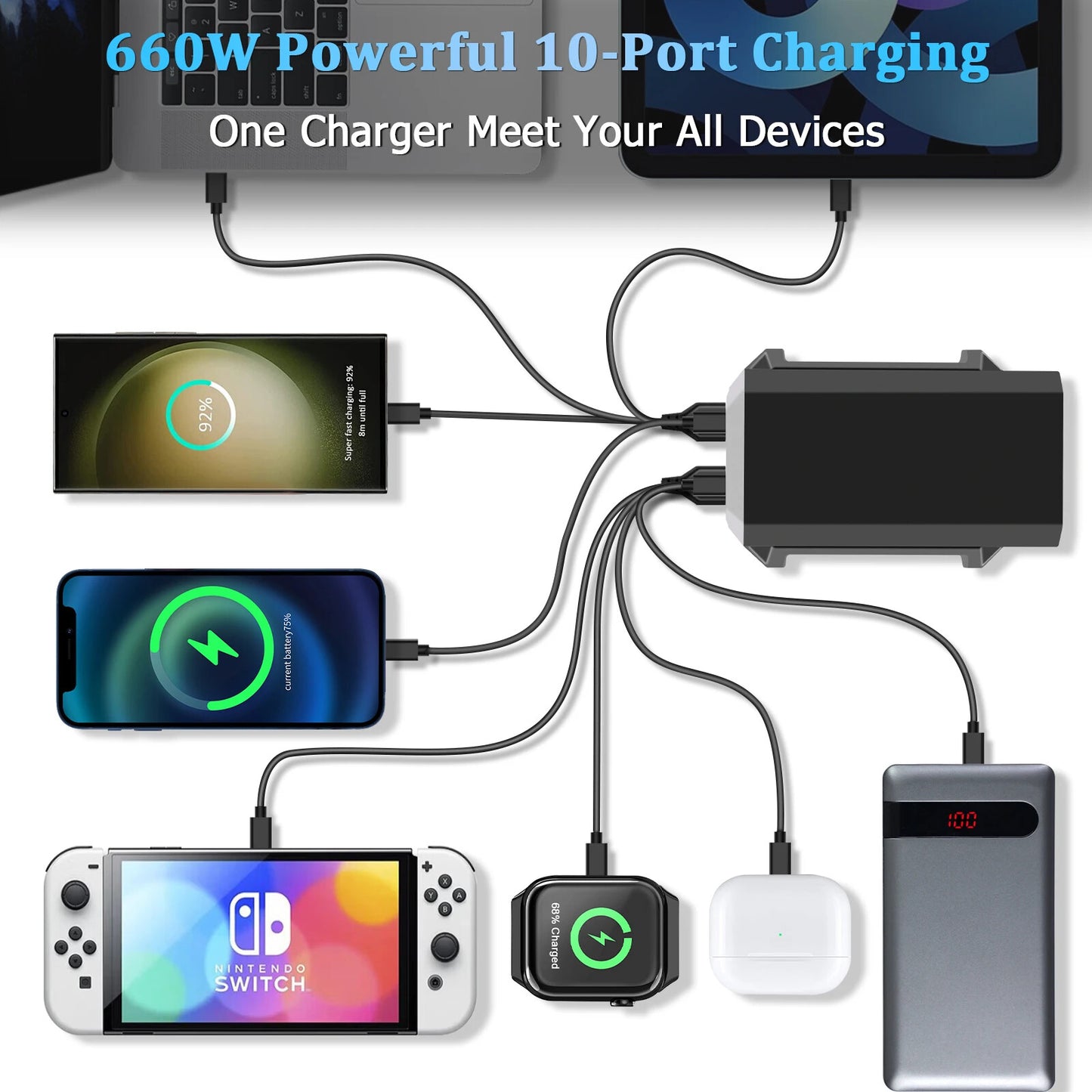 660W 10 Port GaN USB C Charger Station Type C PD Fast Charger For iPhone Macbook