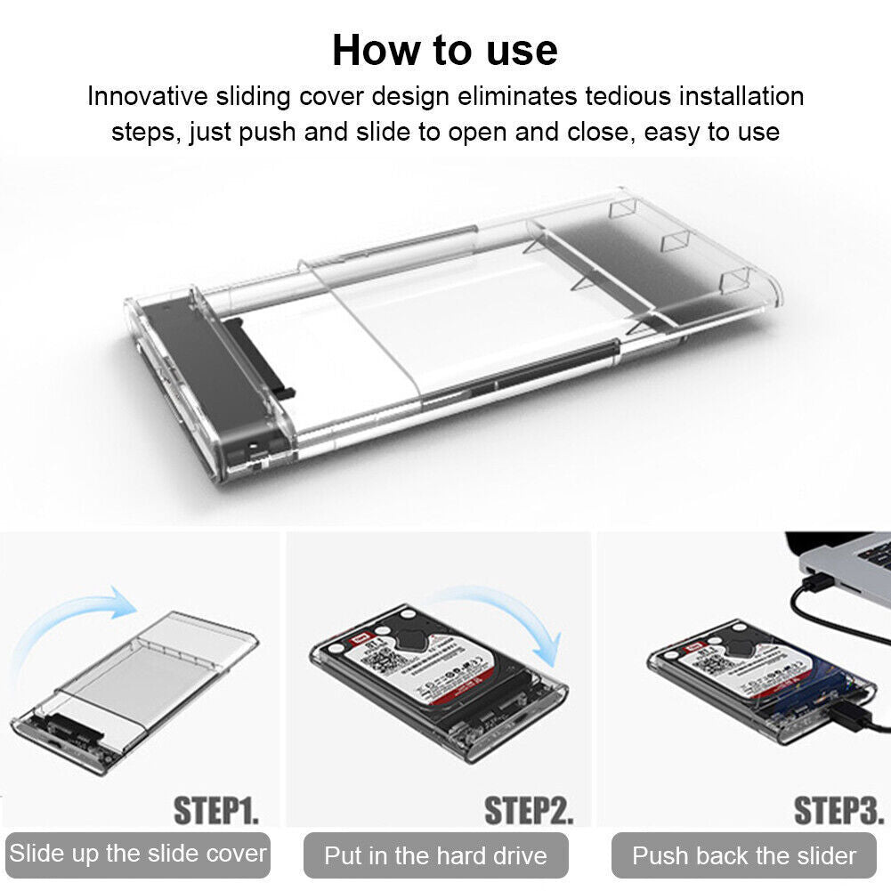 Drive Hard 3.0 Case 2.5" SSD External Clear HDD Enclosure Laptop SATA Tool-Free