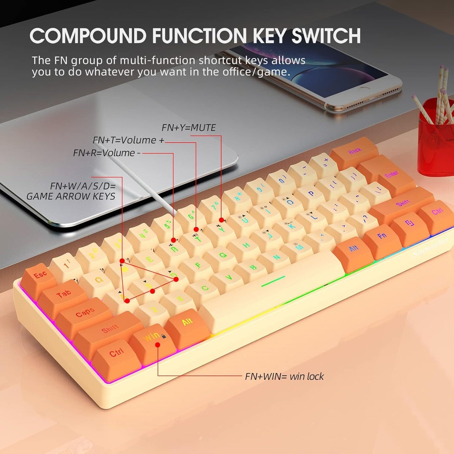 Snpurdiri 60% Wired Gaming Keyboard, RGB Backlit Ultra-Compact(Orange and Cream)