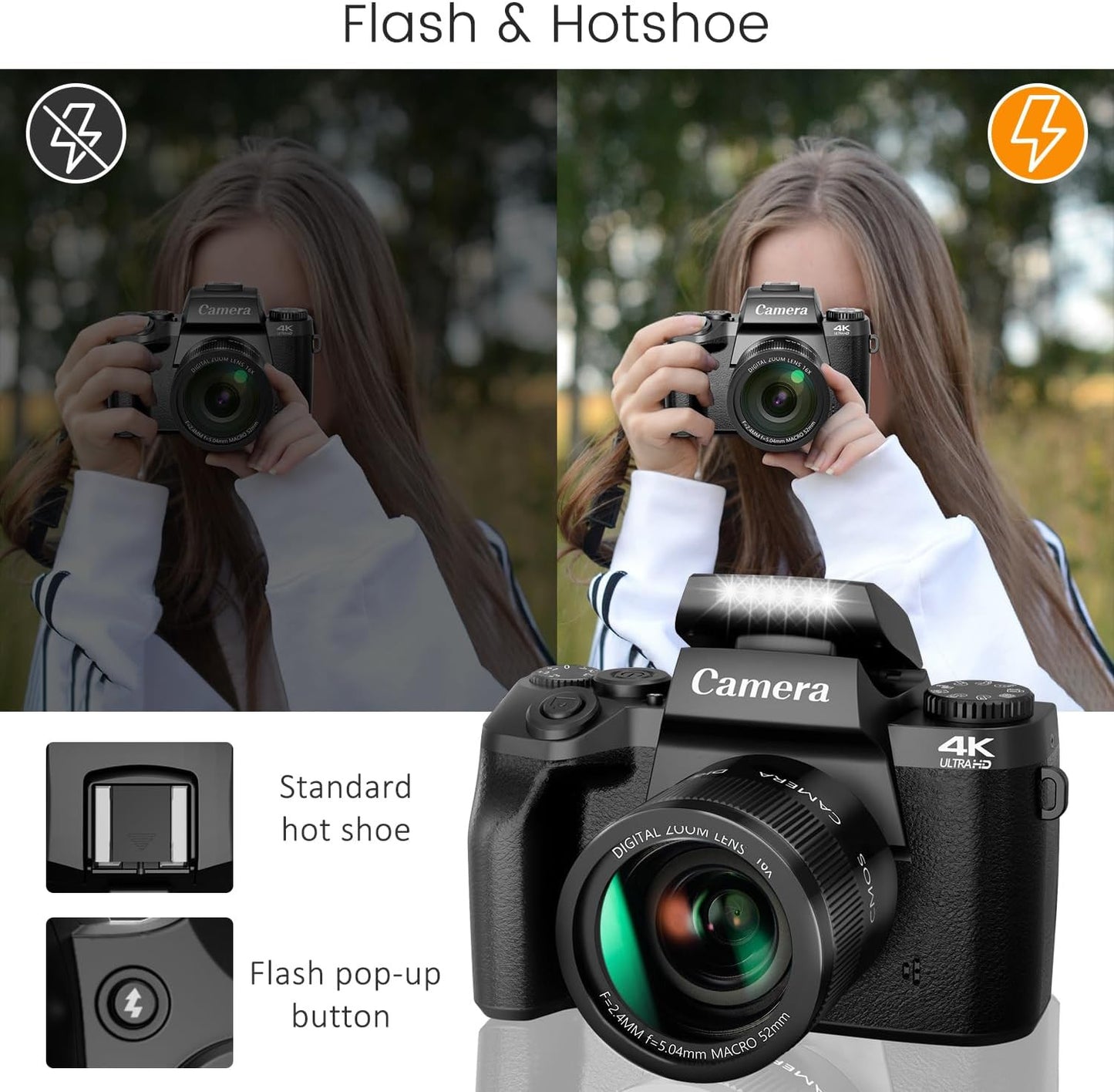 64MP 4K Digital Camera with Wifi, Touch Screen Vlogging w/ Flash 3000mAh Battery