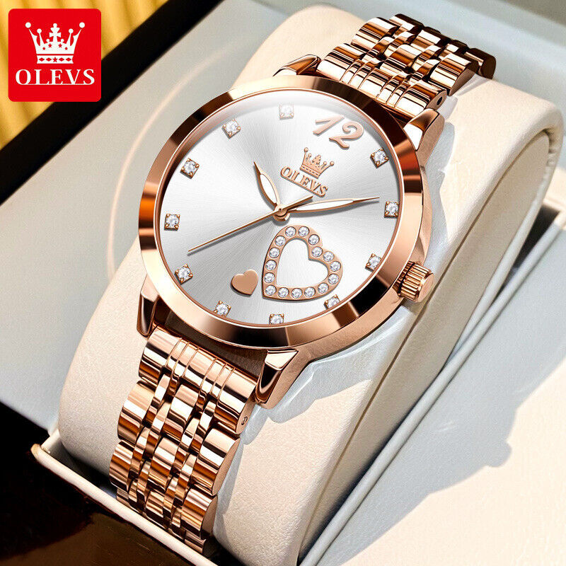 OLEVS Women's Quartz Elegant Watch Stainless Steel Rhinestone Heart Luminous Box