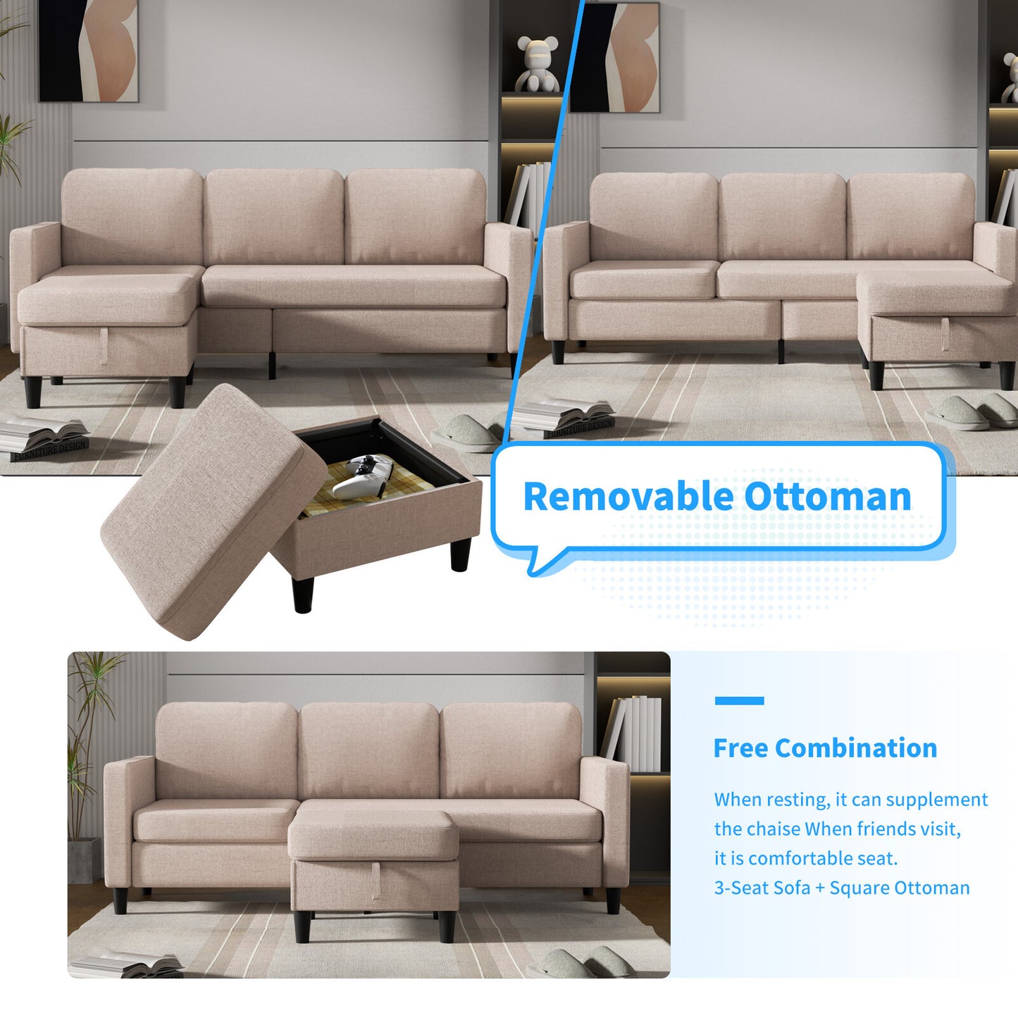 Small Sectional Sofa with Storage Ottoman,3 Seater L Shaped Sofa for Living Room