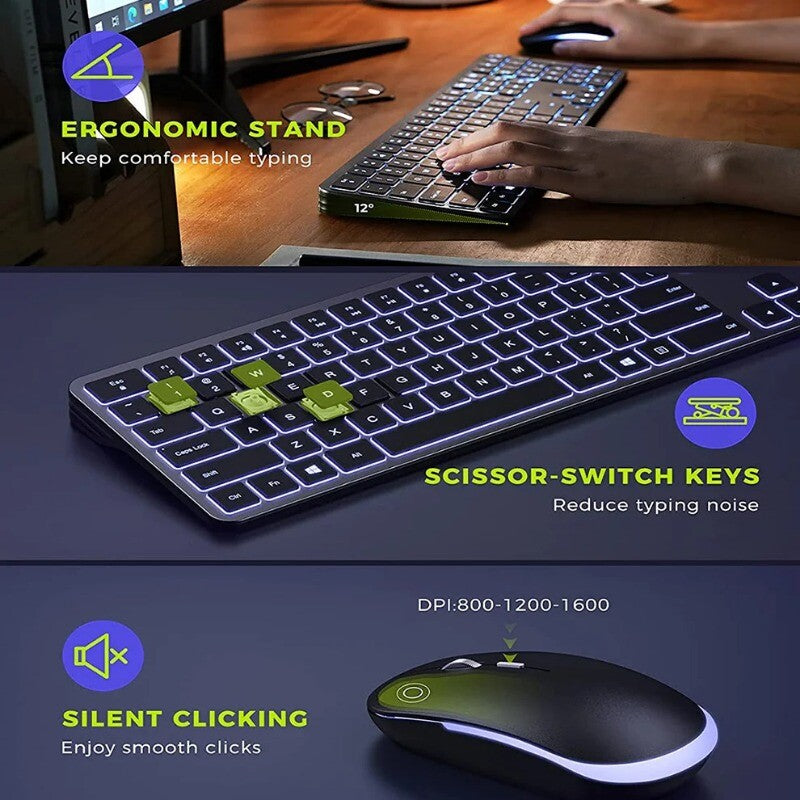 Full-Size Backlight Wireless Keyboard and Mouse Combo Laptop PC USB Silent Click