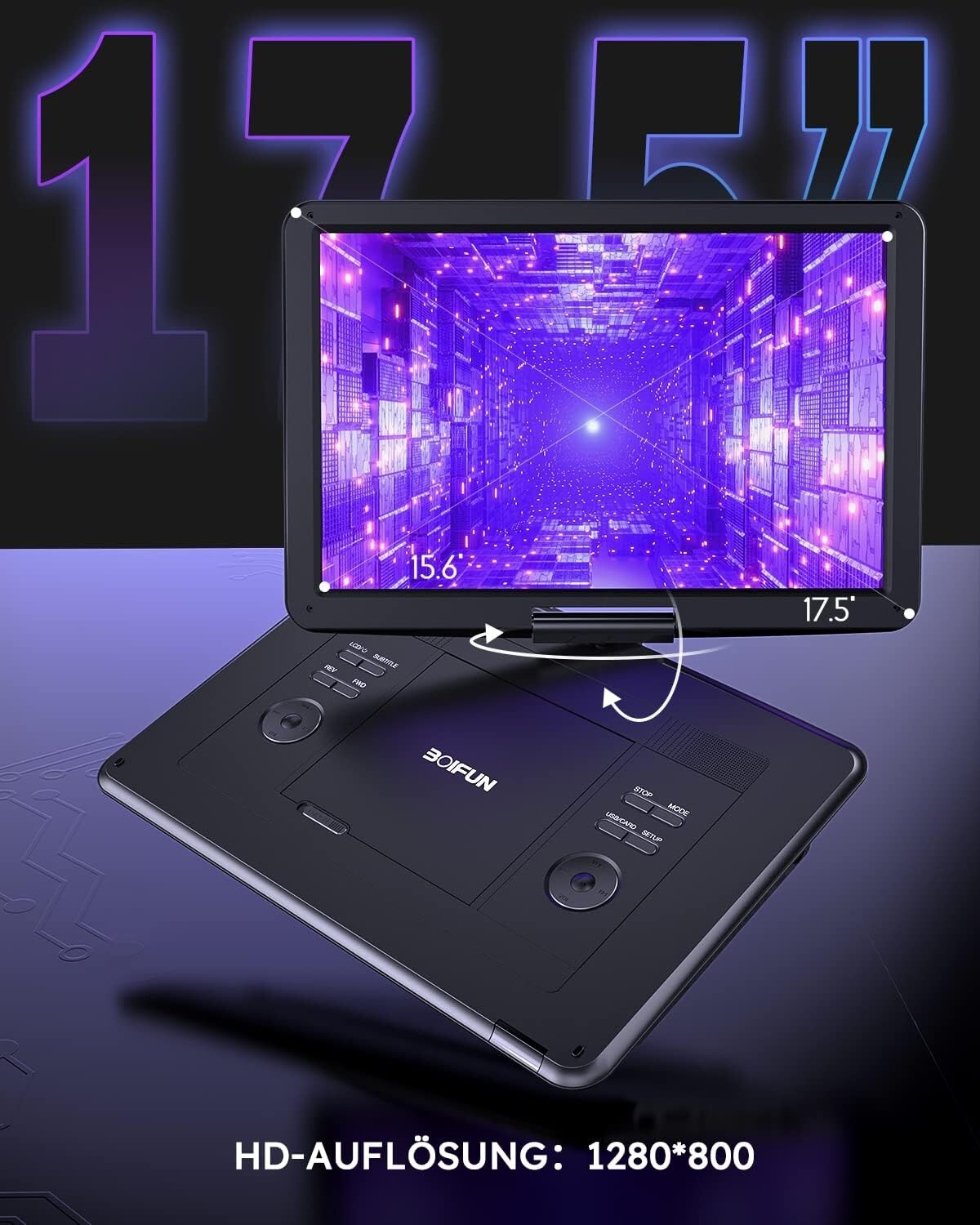 17.5" Portable DVD Player with HD Swivel Screen, Region Free,Remote Control