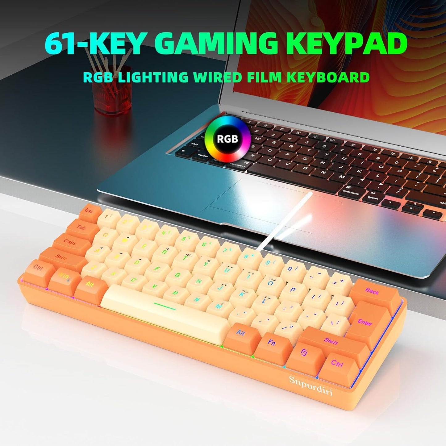 Snpurdiri 60% Wired Gaming Keyboard, RGB Backlit Ultra-Compact(Orange and Cream)