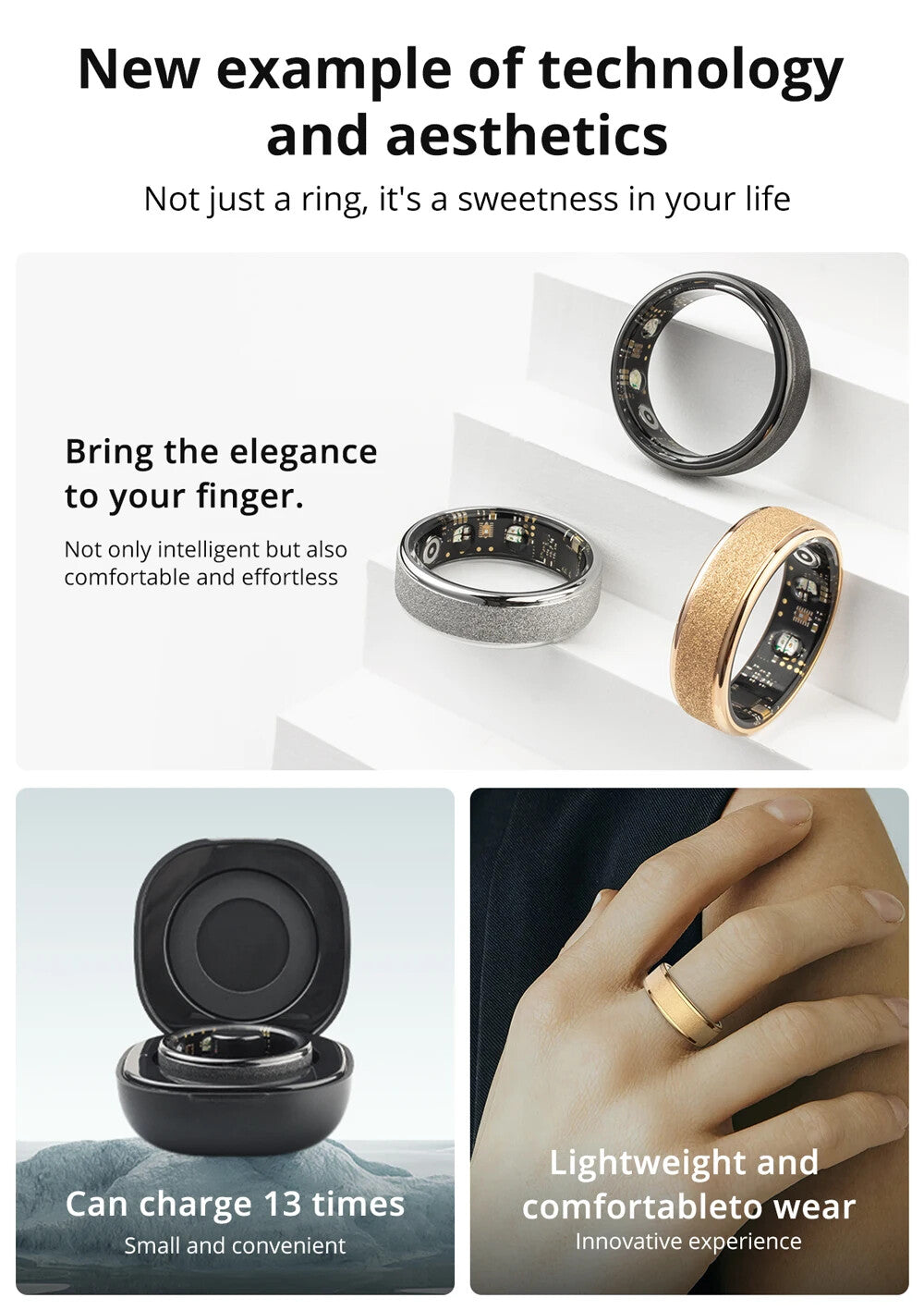 Smart Ring with Charging Case,Health Sleep Monitor, 5ATM Waterproof,Multi-sport