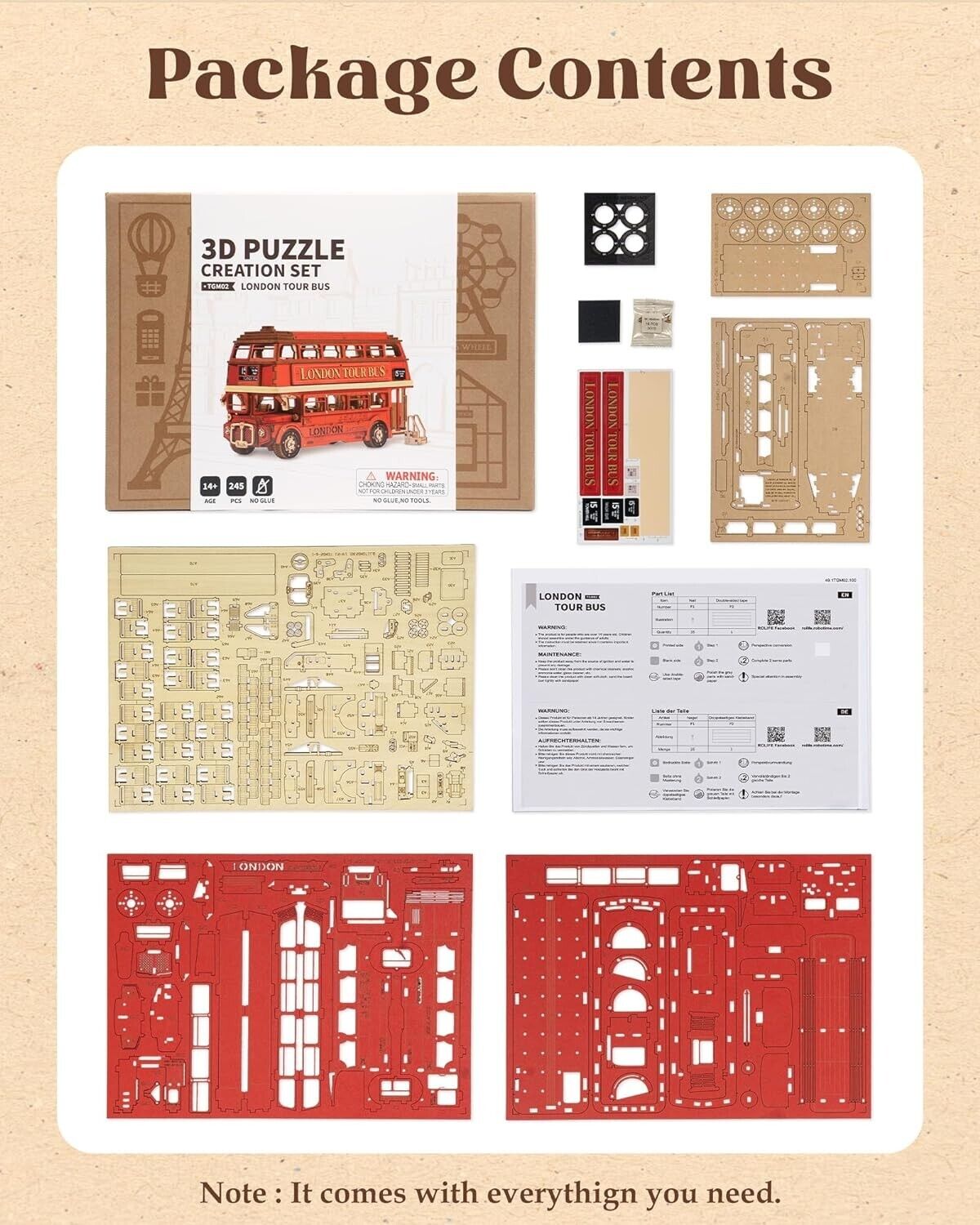 Rolife London Tour Bus 3D Puzzle 3D Wooden Puzzle Model Kits Collectibles Gifts