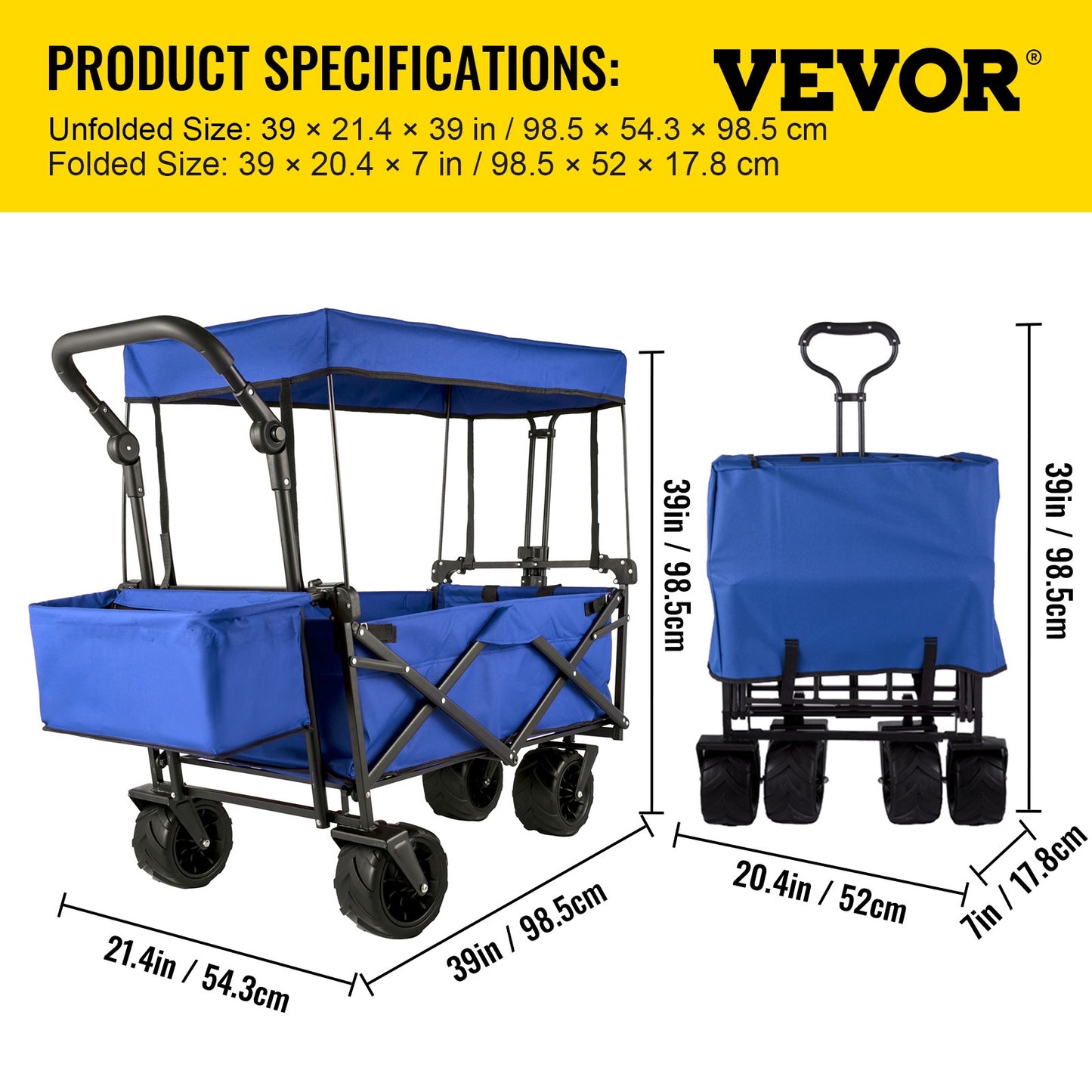 Folding Wagon Cart, Collapsible Folding Garden Cart w/ Shade Beach Utility