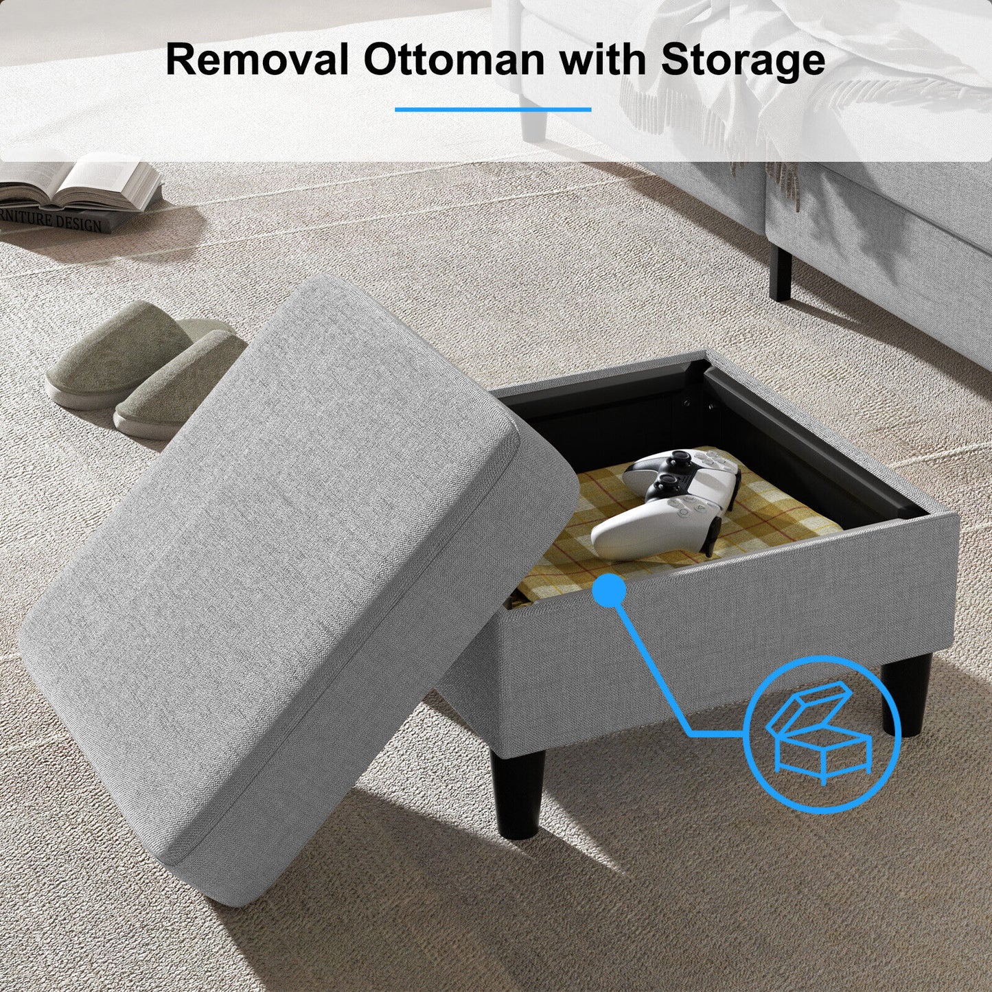 Small Sectional Sofa with Storage Ottoman,3 Seater L Shaped Sofa for Living Room