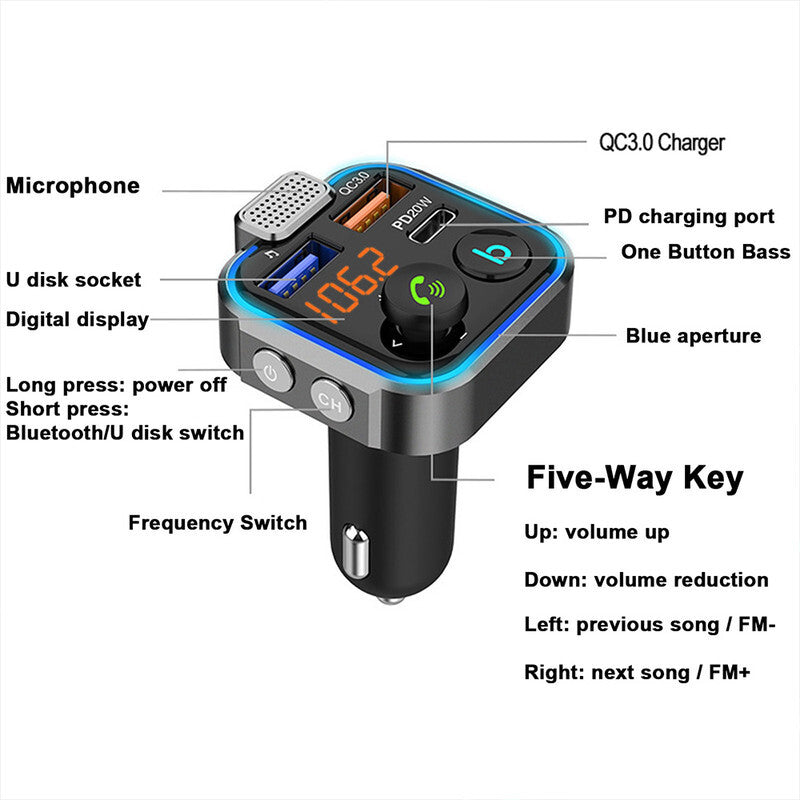 Bluetooth FM Transmitter Car Adapter QC3.0 PD USB Charger FM Radio Handsfree /