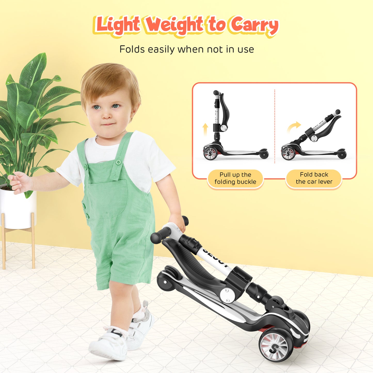 SEJOU Kids Scooter 3 Wheel LED Light Up Child Kick Flashing Push Adjustable Fold