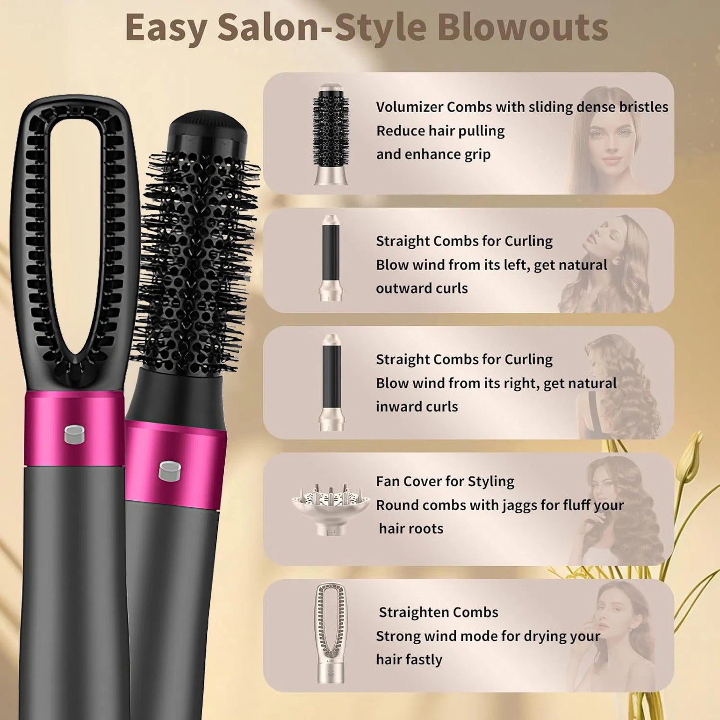 5 In 1 Hair Dryer Brush Kit, Blow Dryer Brush For Drying, Straightening, Volumiz