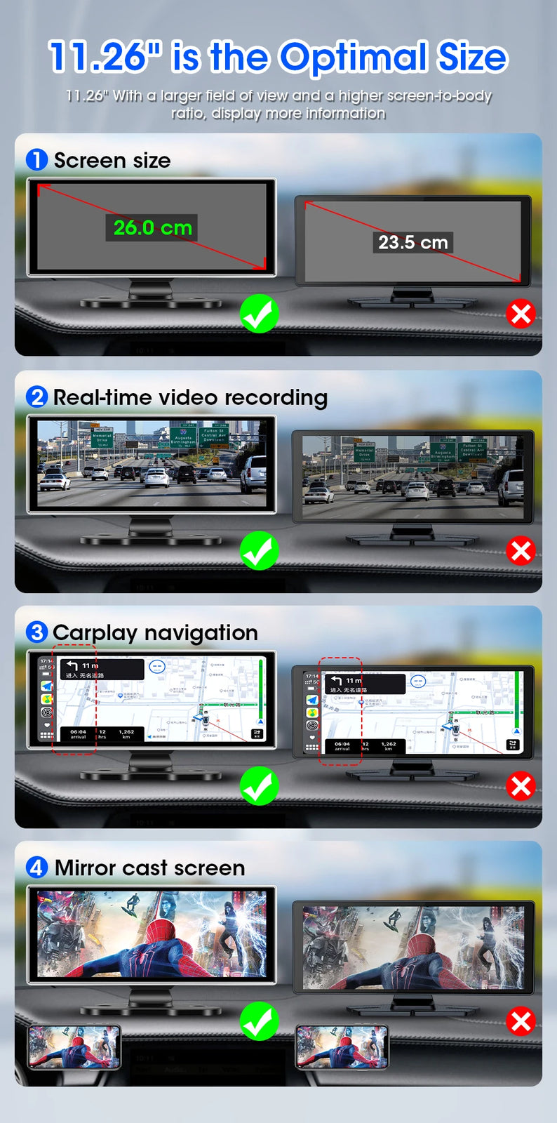 11.26" Car DVR 4K Dash Cam Dual Lens Wireless Carplay & Android Video Recorder