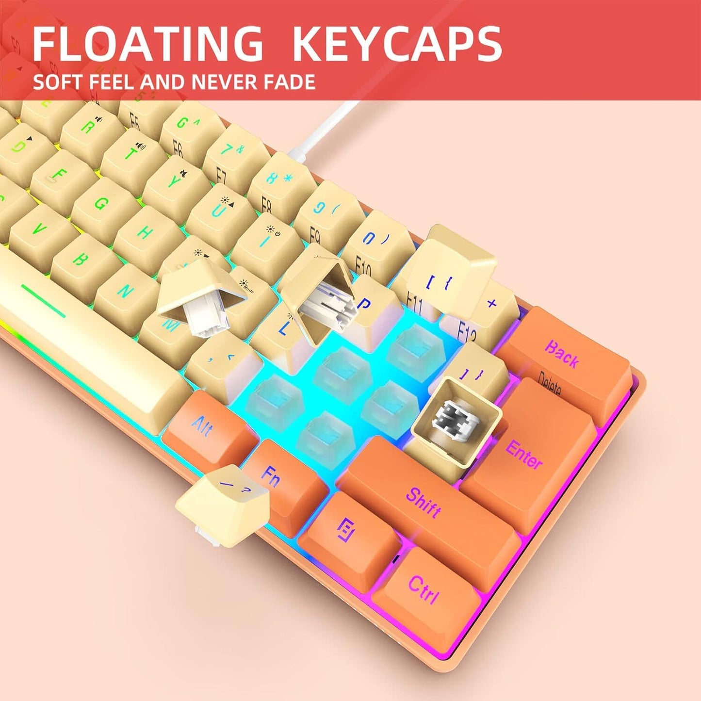 Snpurdiri 60% Wired Gaming Keyboard, RGB Backlit Ultra-Compact(Orange and Cream)