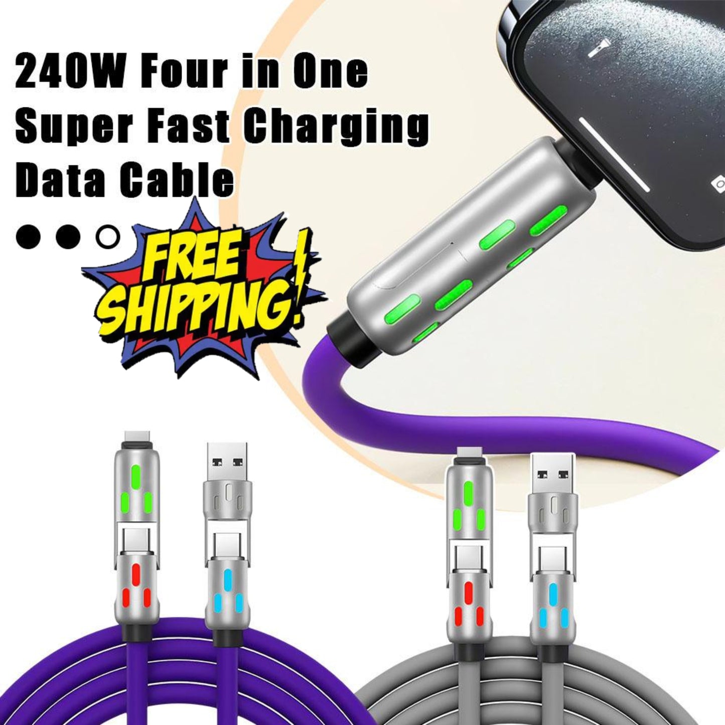4-in-1 240W USB-C Cable, USB C Cable 1.2m, Multi USB Charging Data Cables HOT!