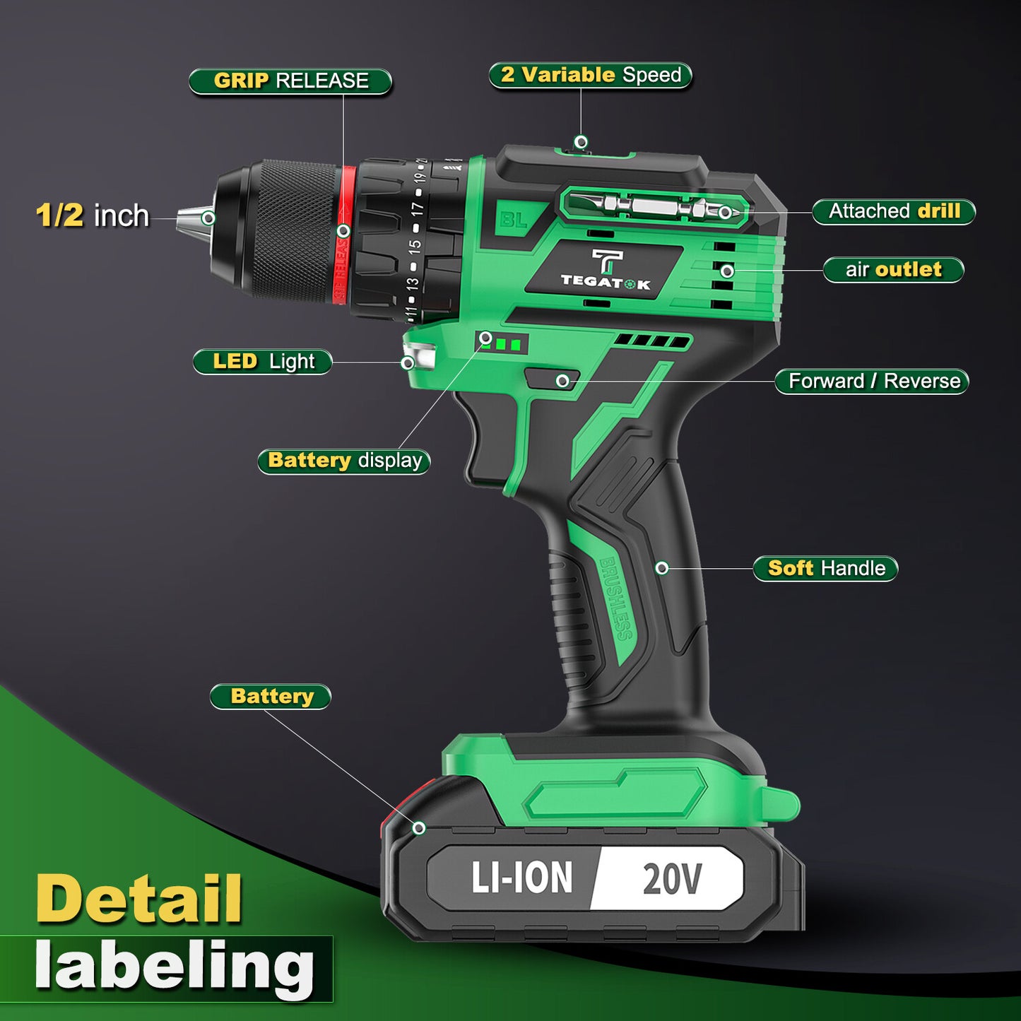 20V Cordless Brushless Drill Set,1/2 Inch Keyless Chuck Comes with Two Battery