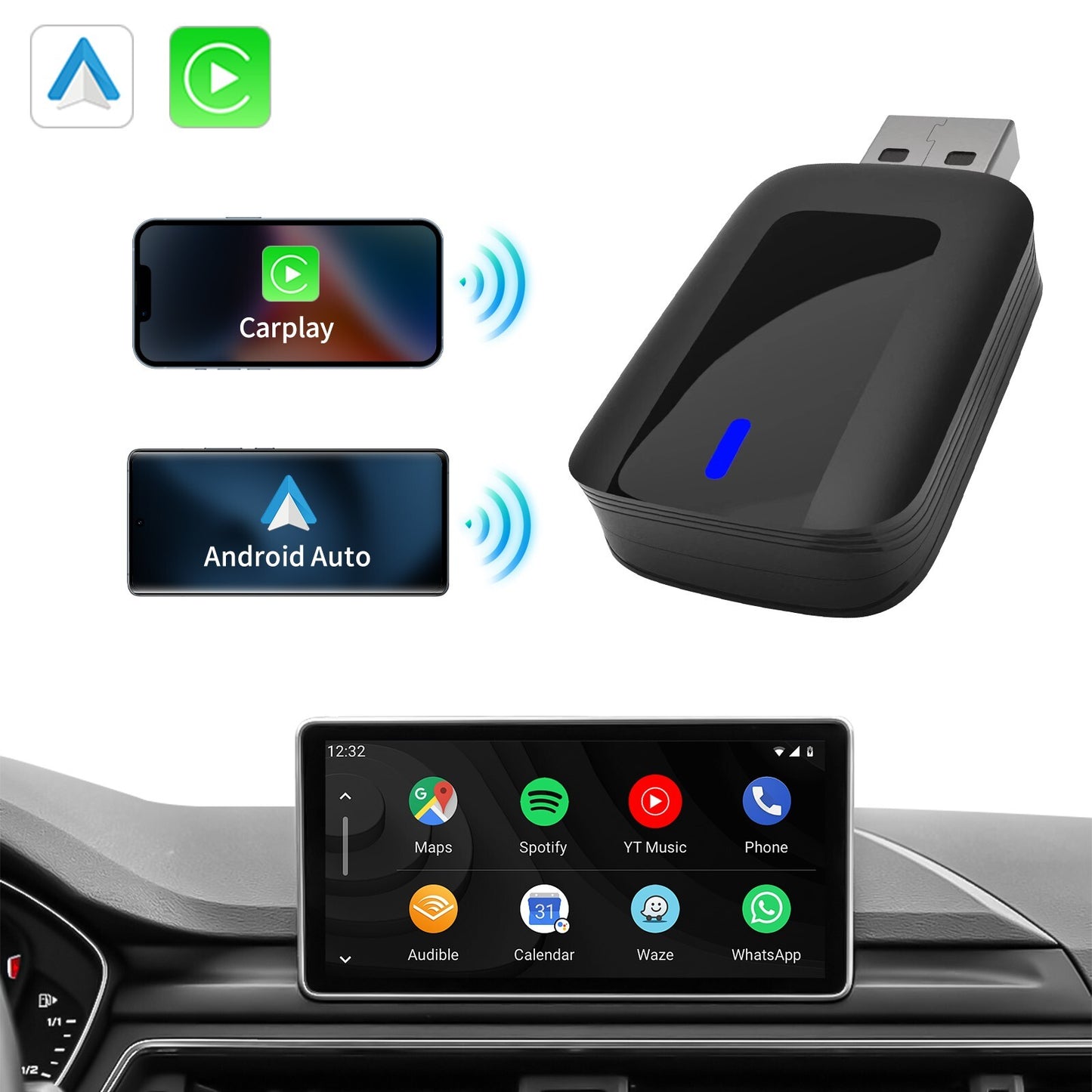 2-in-1 Wireles CarPlay Auto Adapter Fast-Connecting Plug&Play WIFI5.0 BT2.4/5.0