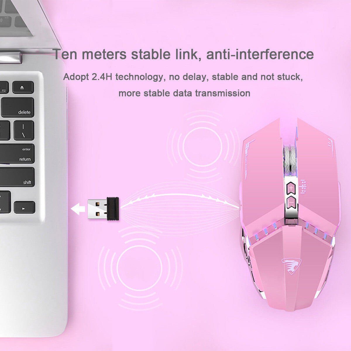 Pink Girl Wireless Mouse LED Braided Cable Adjustable 1600DPI for PC Laptop
