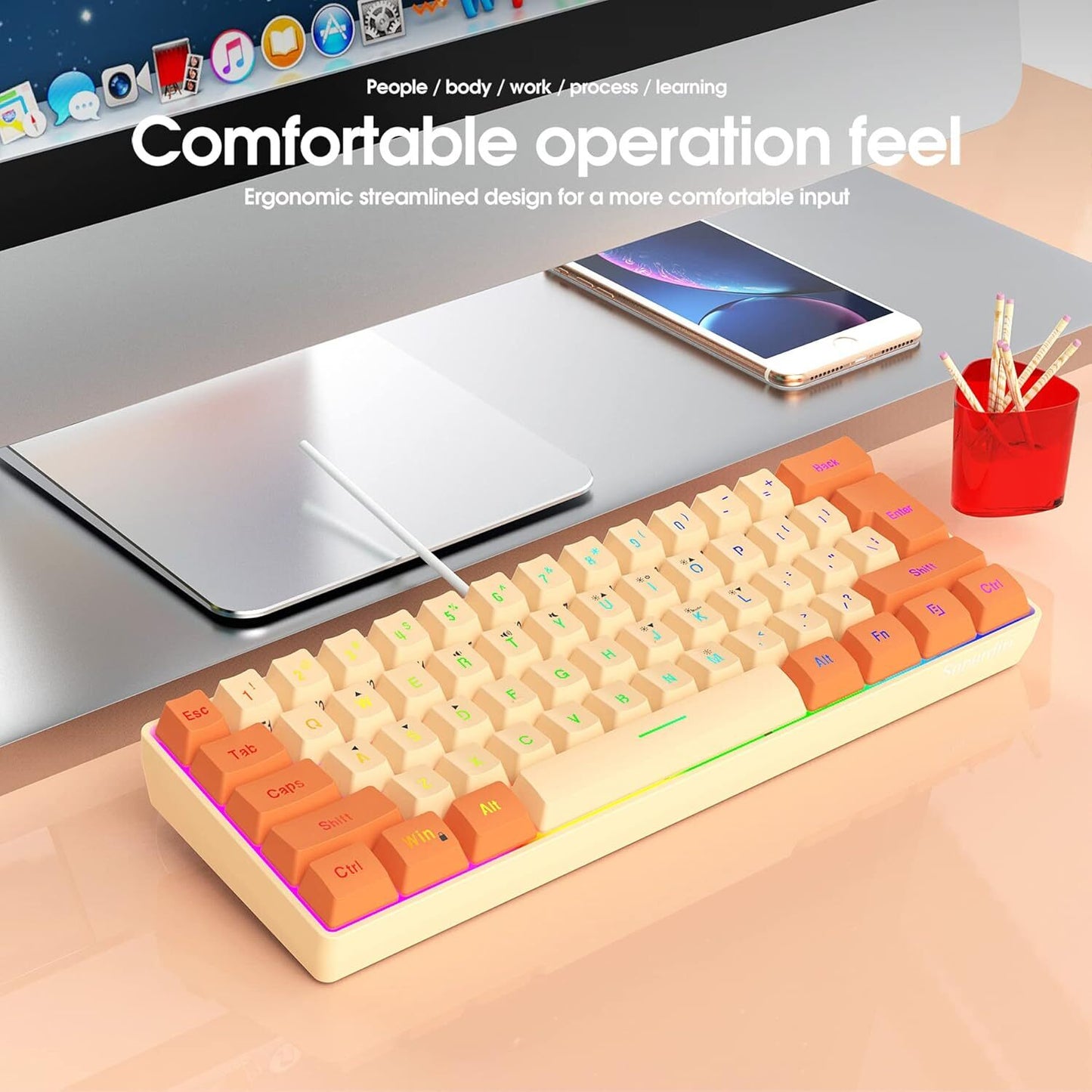 Snpurdiri 60% Wired Gaming Keyboard, RGB Backlit Ultra-Compact(Orange and Cream)