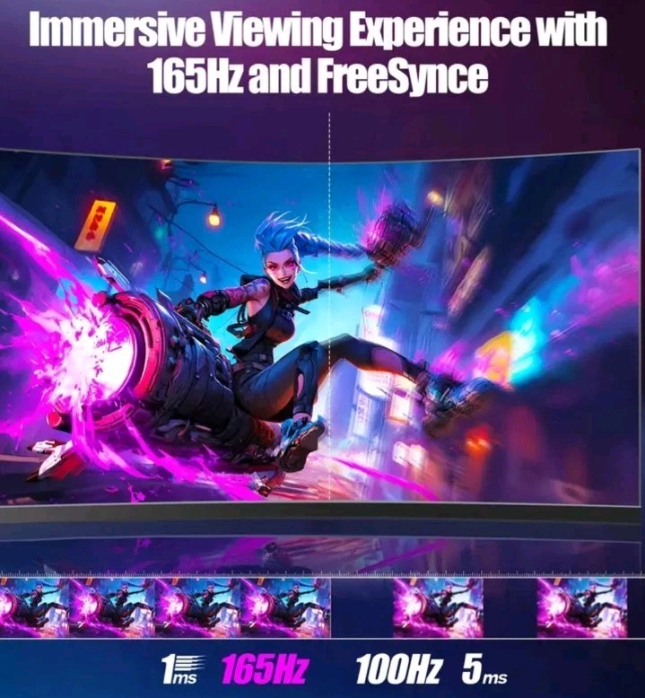 27" 2K 2560x1440 QHD 165Hz 1ms Curved Gaming Monitor, Ultra Thin Bazel