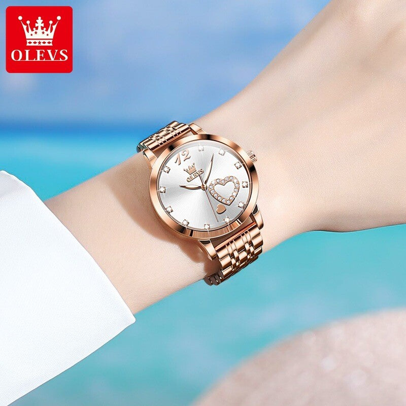 OLEVS Women's Quartz Elegant Watch Stainless Steel Rhinestone Heart Luminous Box