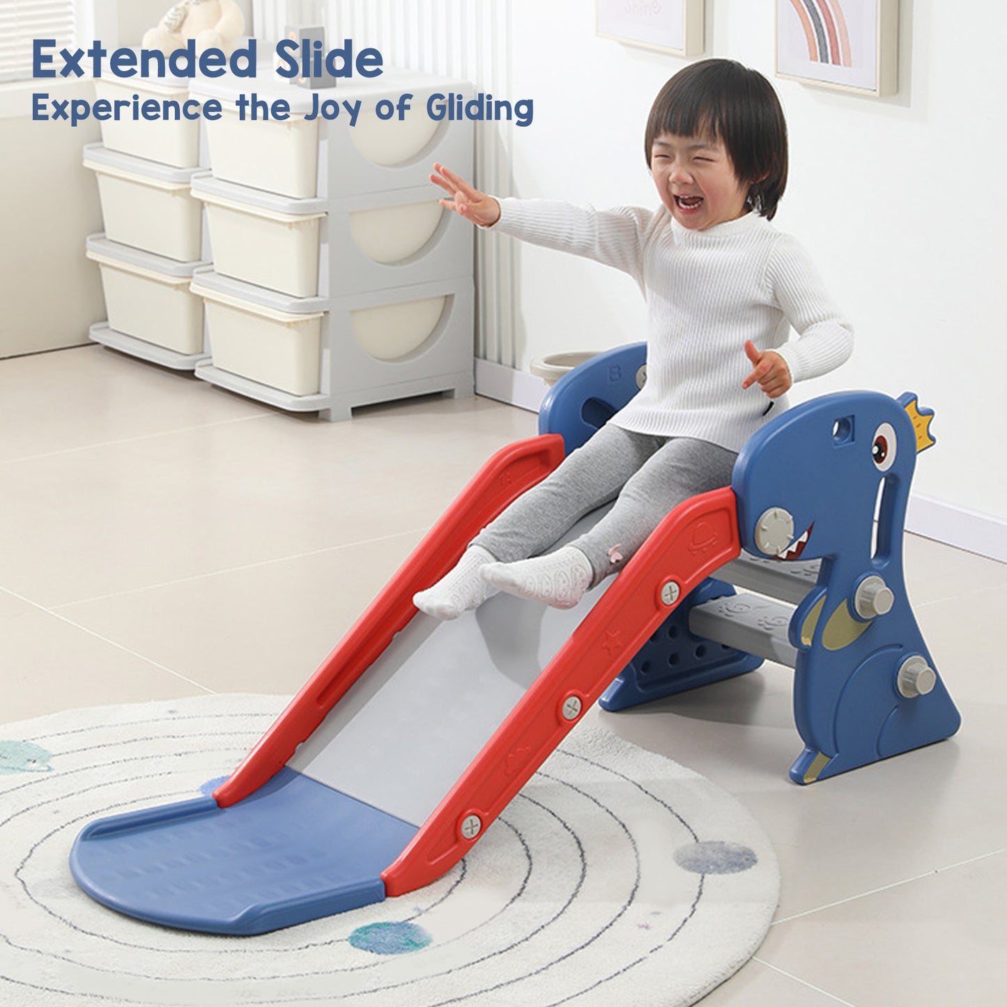 Toddler Indoor Slide for Age 0 To 3 Dinosaur Foldable Slide with Basketball Hoop