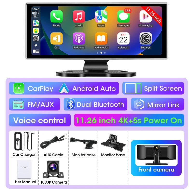 11.26" Car DVR 4K Dash Cam Dual Lens Wireless Carplay & Android Video Recorder