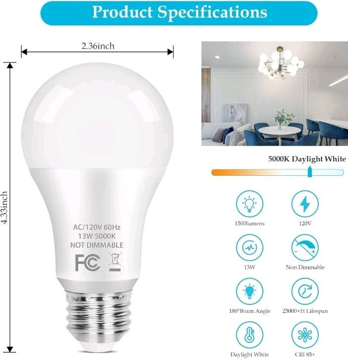 A19 LED Light Bulb, 100 Watt Equivalent LED Bulbs, 13W Daylight White 5000K