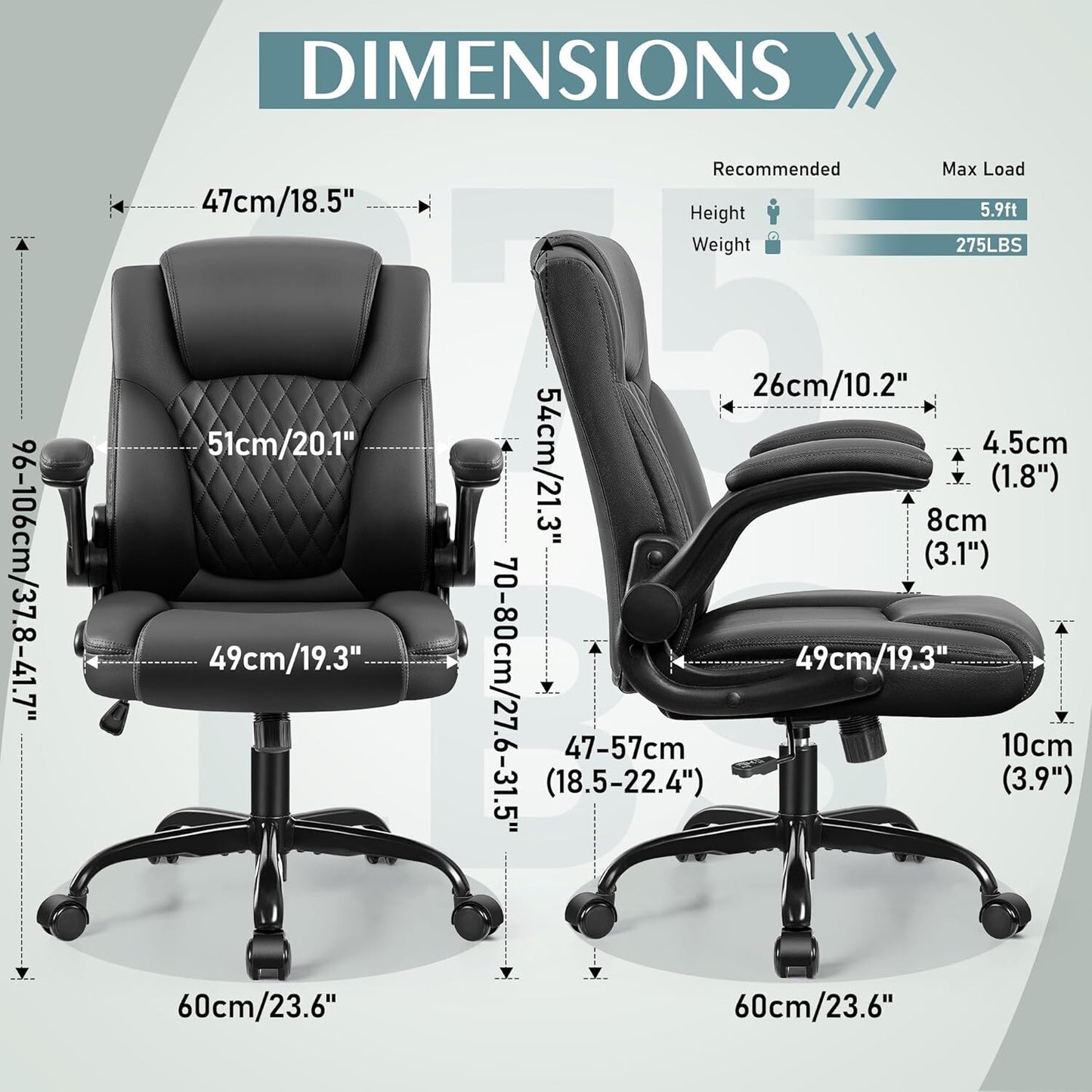 360°Swivel Free PU Home Computer Desk Chairs, Adjustable Armrests, Black