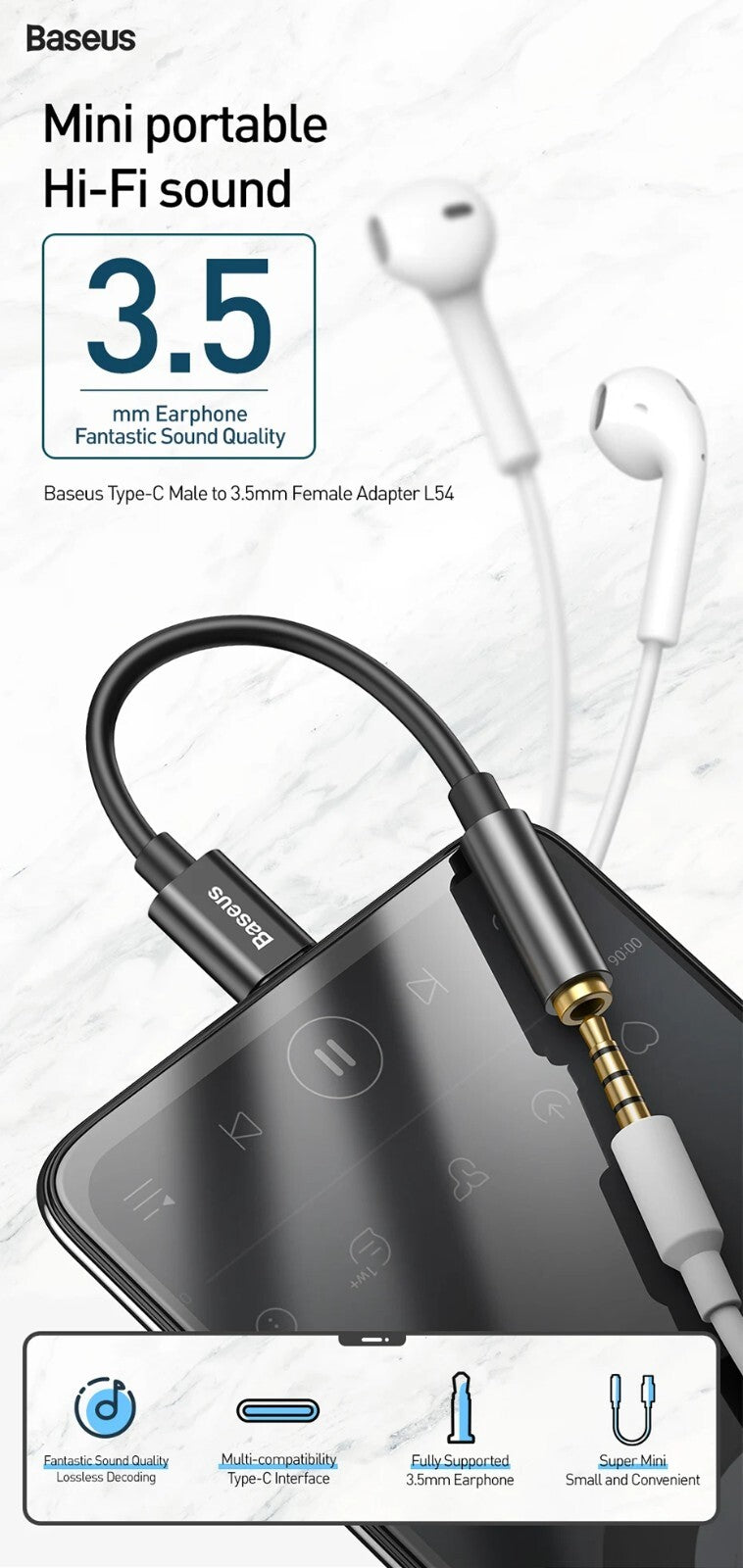 Baseus USB Type C To 3.5mm Earphone Jack OTG Adapter Type-C 3.5 mm Headphone