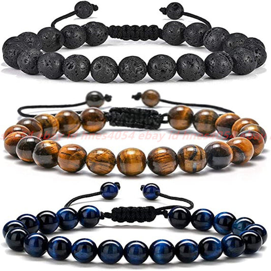Handmade Natural 3 Pcs 8mm Tiger's Eye & Black Lava Gems Braid Bracelet 7.5in