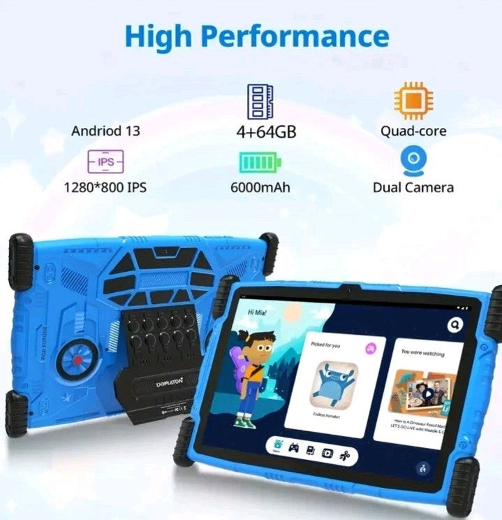 Kids Tablet, 10 Inch Tablet for Kids Android 13, 4GB+64GB/1 TB Expansion, Blue
