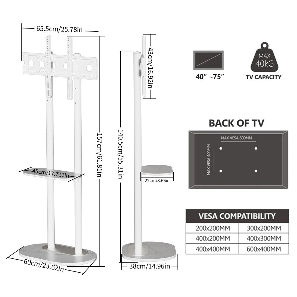 Height Adjustable Floor TV Stand with Mount Stone Shelf for 40”-75” Load up 40KG