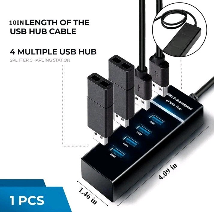USB 3.0 Hub 4Port Splitter Adapter High Speed Data LED For PC Laptop Desktop