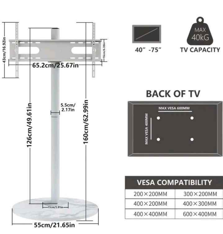 Heavy Minimalist TV Floor Stand 40”-75” Adjustable TV Screens Max Load of 40kg