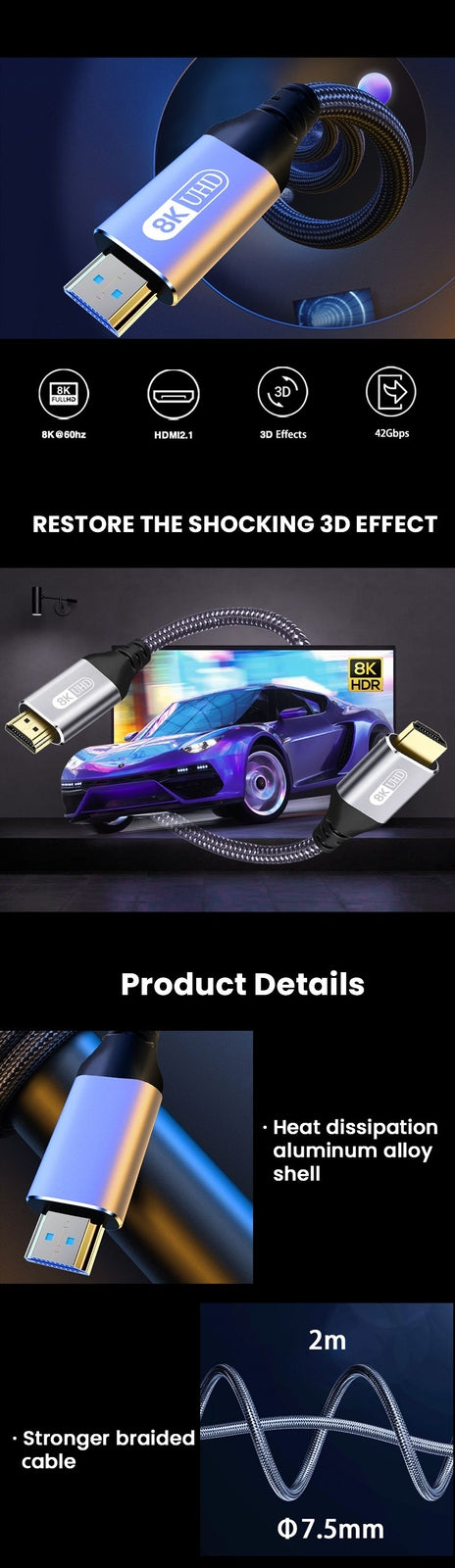 HDMI 2.1 Cable HDMI Cord 8K 60Hz 4K 120Hz 48Gbps EARC ARC HDCP Ultra High Speed