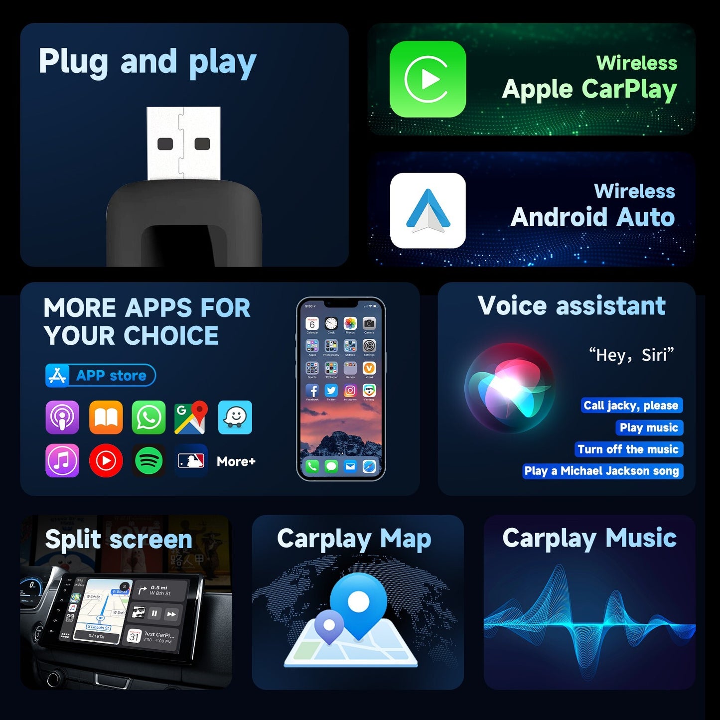 2-in-1 Wireles CarPlay Auto Adapter Fast-Connecting Plug&Play WIFI5.0 BT2.4/5.0