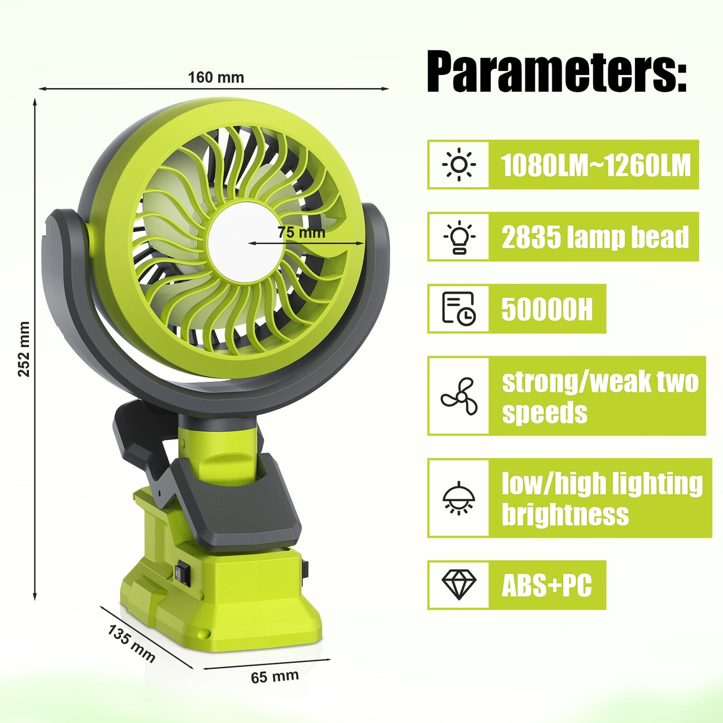 Portable Cordless Jobsite Fan For Ryobi 18V Battery With Led Light Outdoor