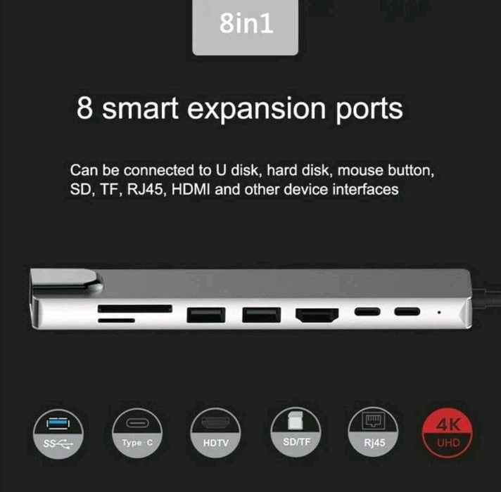 8 in 1 USB-C HUB Type-C Adapter For PC Windows Multi 3.0 4K HDMI Etherne 8 Ports