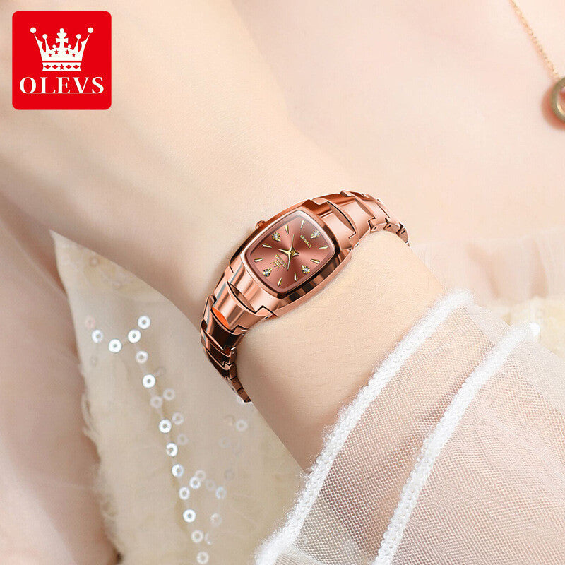 OLEVS Woman Fashion Tungsten Steel Rectangle Gem Waterproof Quartz Wrist Watches