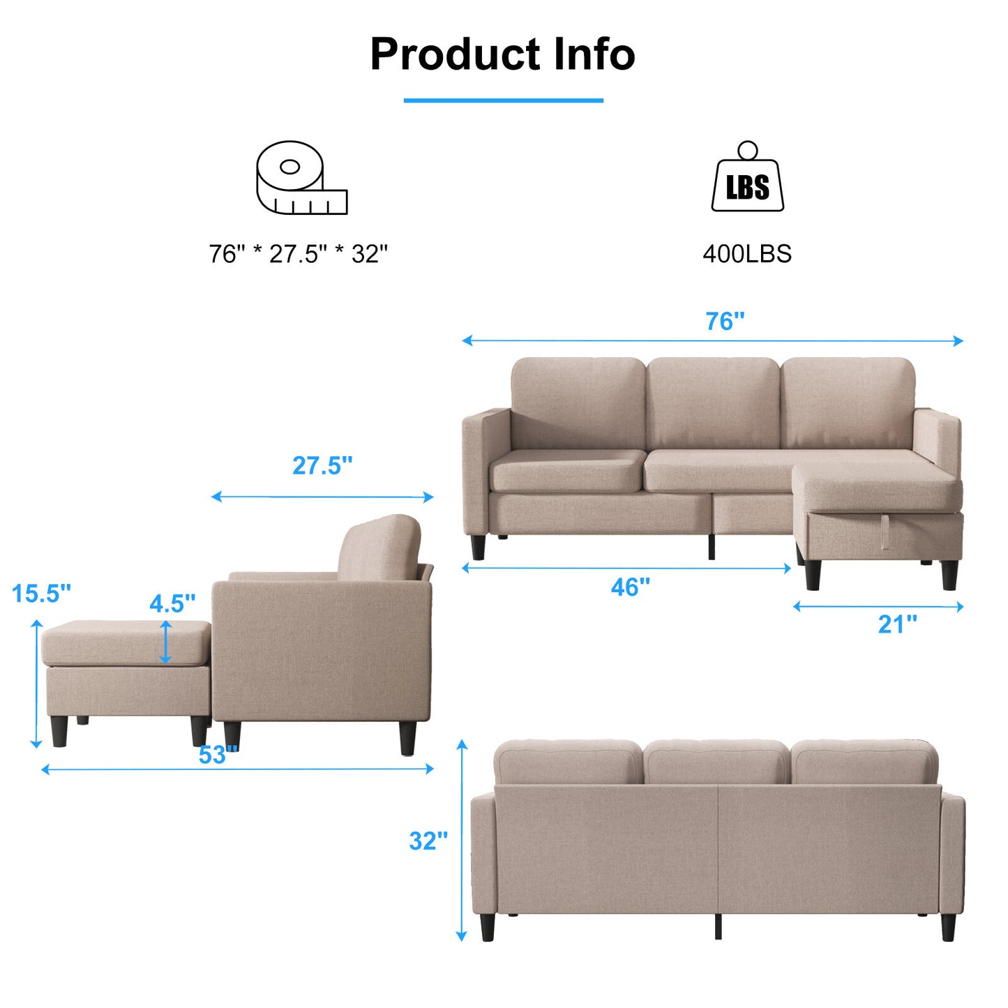 Small Sectional Sofa with Storage Ottoman,3 Seater L Shaped Sofa for Living Room