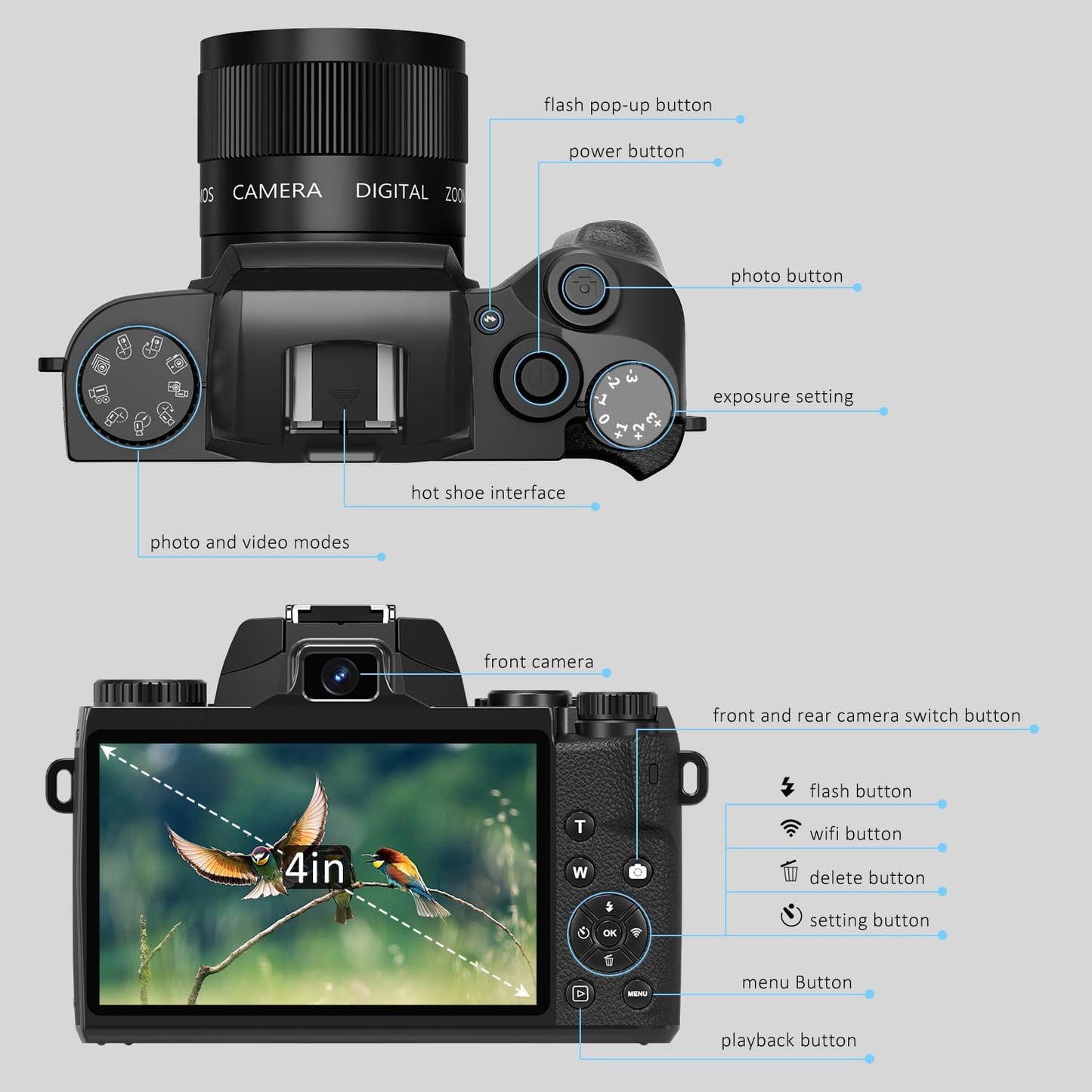 64MP 4K Digital Camera with Wifi, Touch Screen Vlogging w/ Flash 3000mAh Battery
