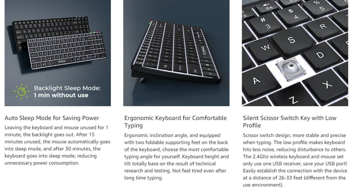 Full-Size Backlight Wireless Keyboard and Mouse Combo Laptop PC USB Silent Click