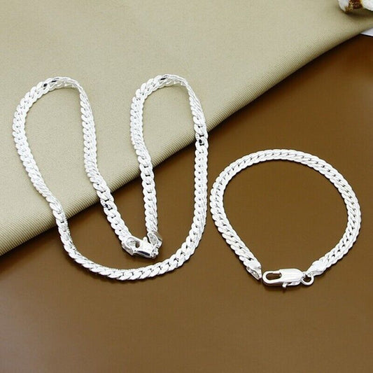 5MM flat Snake Necklace Bracelet Set 925 Sterling Silver Filled For Woman Men