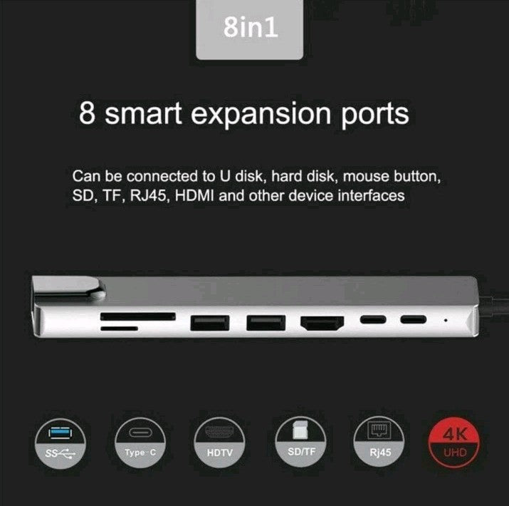 8 in 1 USB-C HUB Type-C Adapter For PC Windows Multi 3.0 4K HDMI Etherne 8 Ports