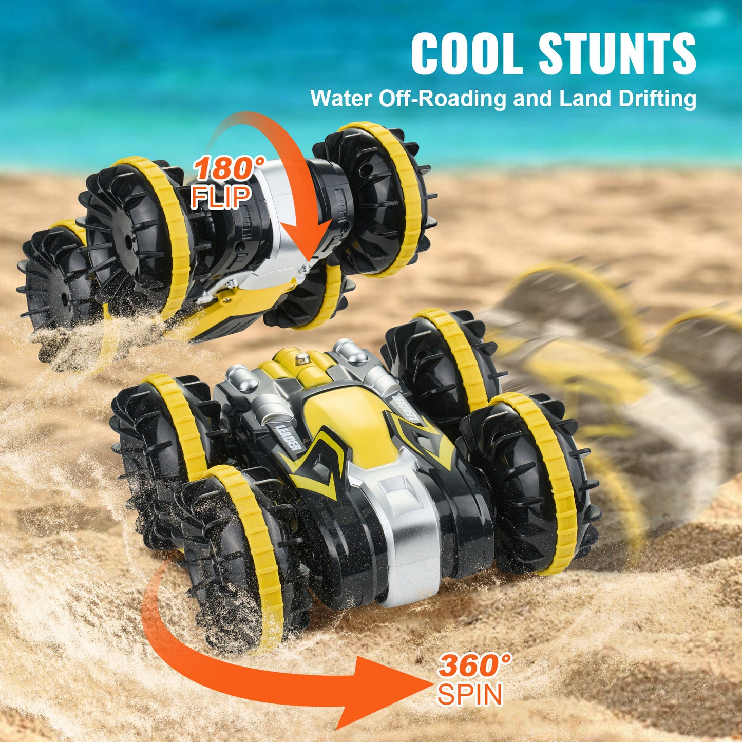 Amphibious Remote Control Car Boat 2.4 GHz 4WD RC Boat Kids Adults Yellow