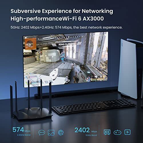 WiFi 6 Gaming Router, AX3000 Dual Band Gigabit Wireless Router for Home, Long