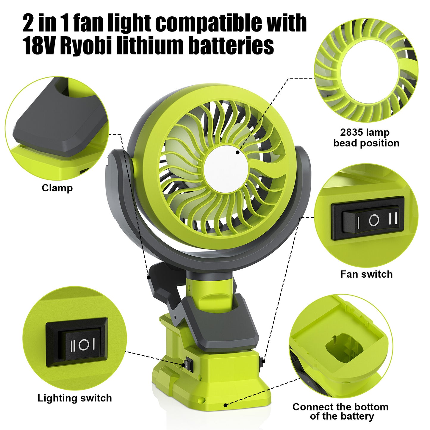 Portable Cordless Jobsite Fan For Ryobi 18V Battery With Led Light Outdoor